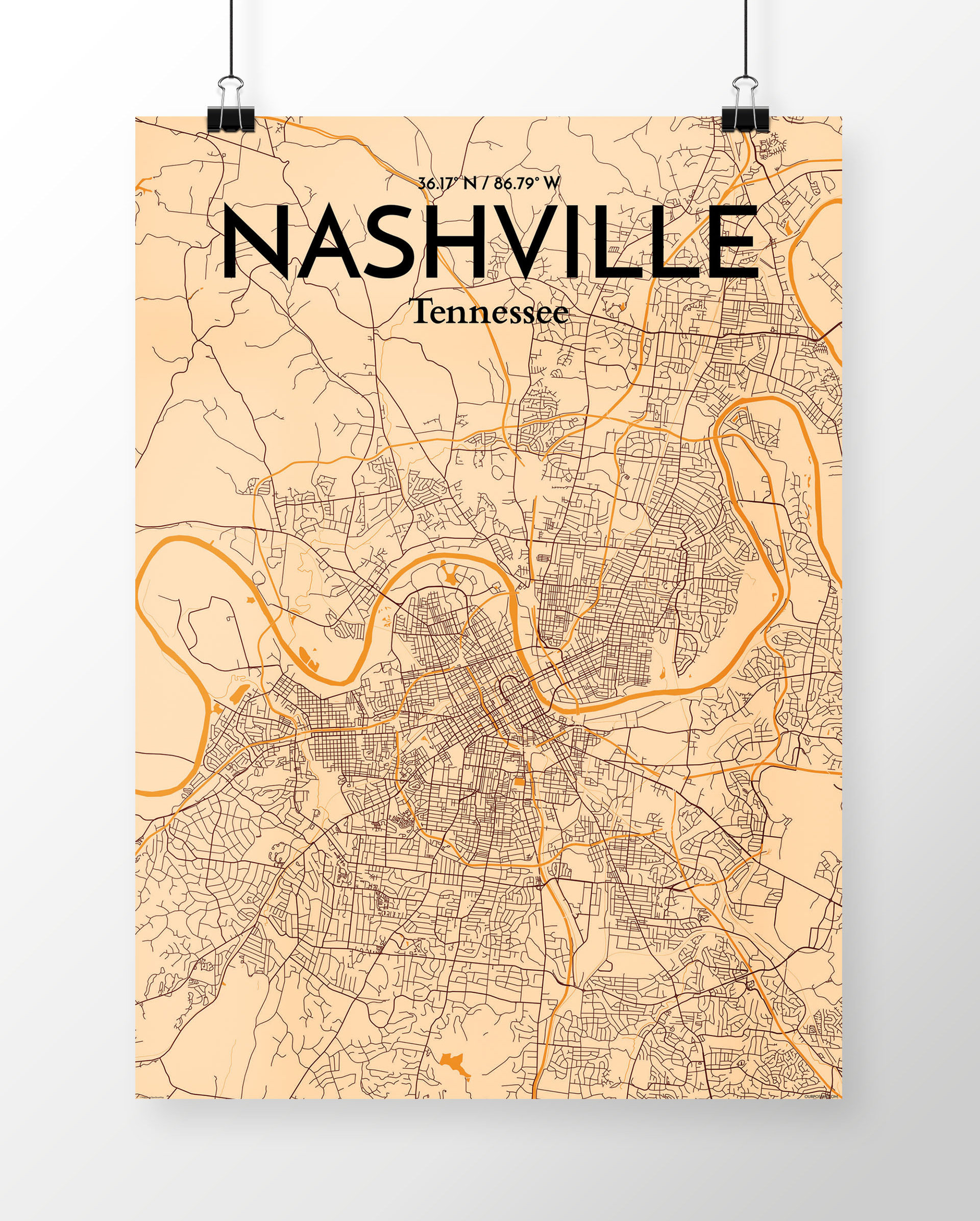 Wrought Studio™ 'Nashville City Map' Graphic Art Print Poster in Light  Orange | Wayfair, image size:1920x2392