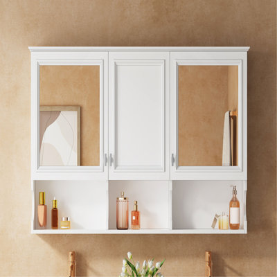 Armoire à pharmacie 55 po avec tablettes ouvertes, rangement mural avec portes et miroir, tablette réglable, armoire de rangement pour salle de bain au-dessus de la toilette