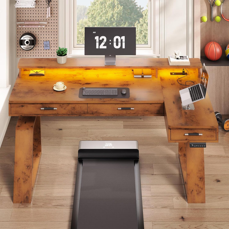 Bureau debout électrique en forme de L 59 "avec tiroirs, Brun