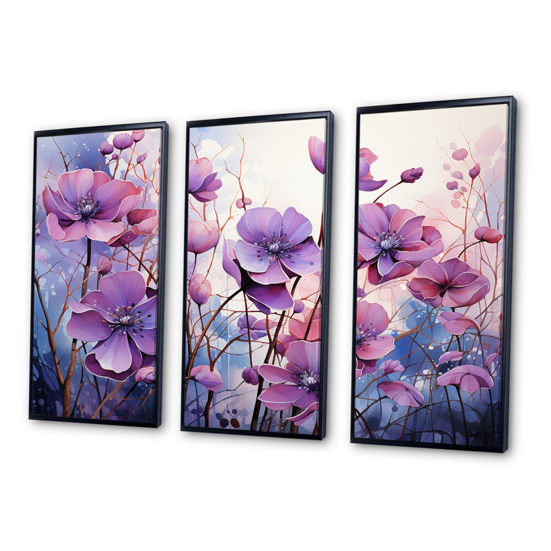 «Sureal Enchantment I - Violets», ensemble d'art mural, Cadre flottant noir, H 40 po x l 60 po x P 1 po