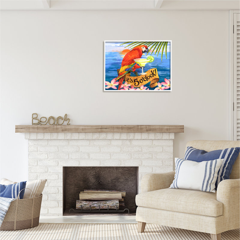 Impression de perroquet tropical avec cocktail encadré sur bois par David Sands, H 24 po x l 30 po x P 1,5 po