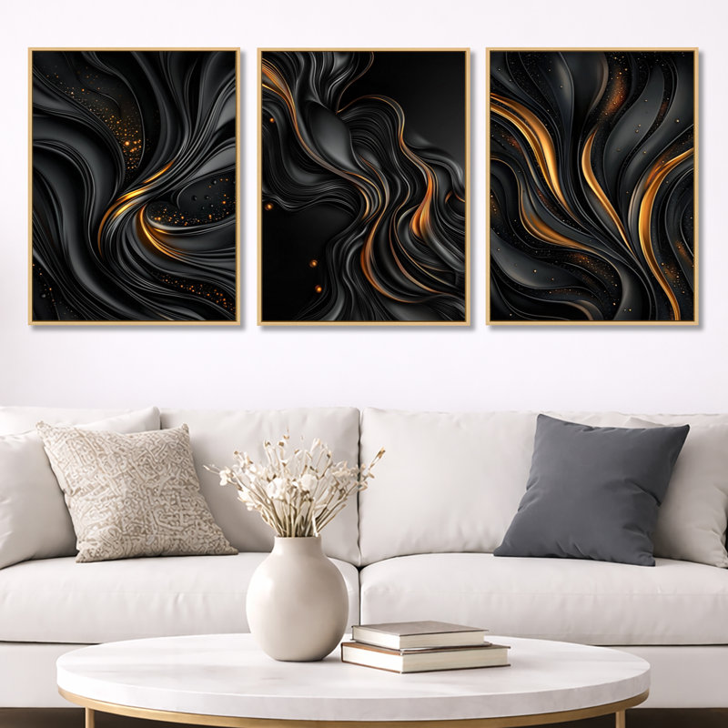 Quantum noir et feuilles dorées - ensemble d'art mural sur toile abstraite fractale de 3, H 32 po x l 72 po