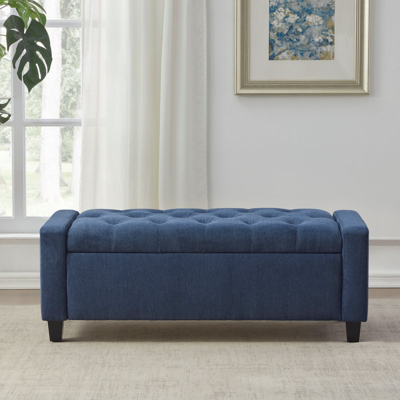 Dark Blue Upholstered Storage Ottoman Bench with Solid Wood Legs