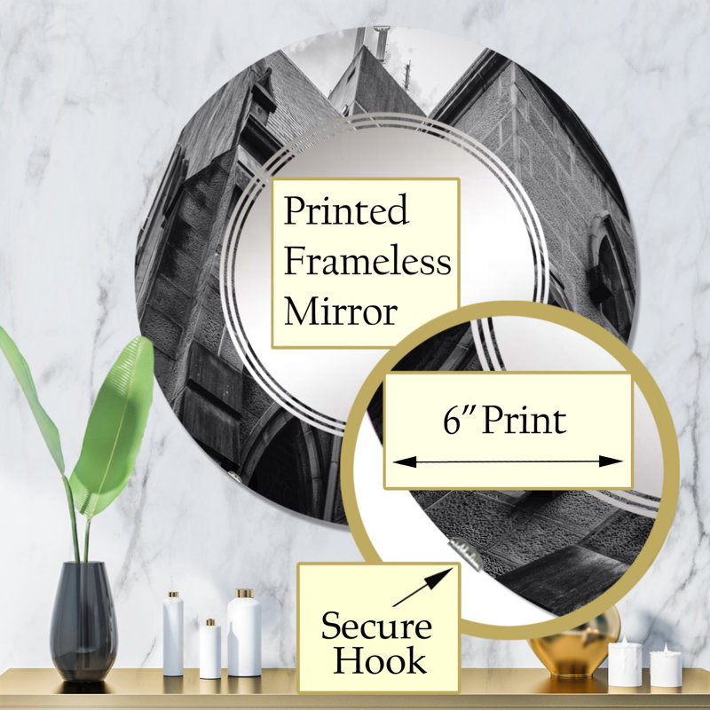 Architecture gothique en noir et blanc - Miroir mural rétro rond, 32 po x 32 po