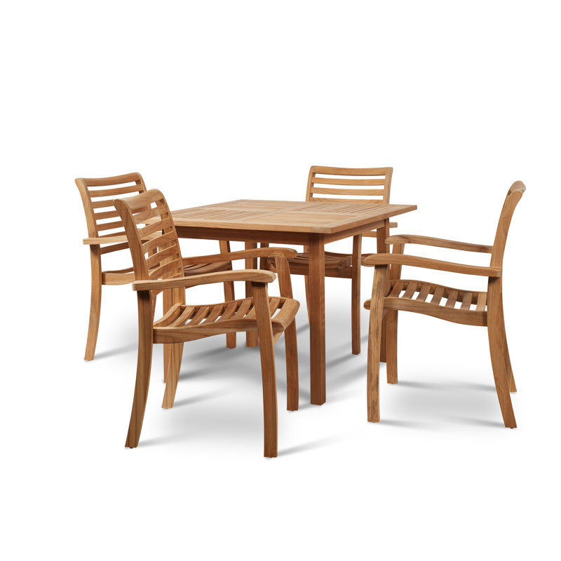 Ensemble repas d'extérieur carré en teck 5 pièces avec fauteuils empilables Birmingham