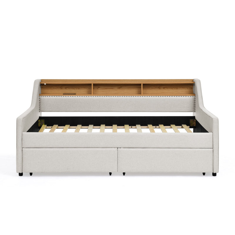 Canapé-lit simple rembourré avec trois lumières à DEL, une tête de lit réglable avec rangement, deux tiroirs de rangement et une charge sans fil, structure de canapé-lit rembourrée en lin