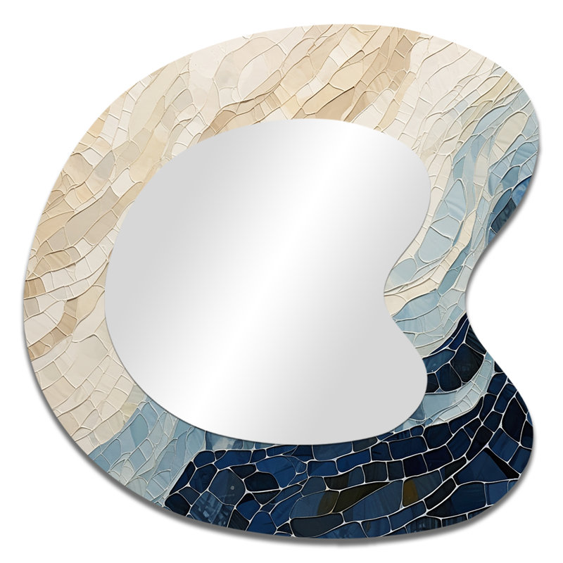 Abstrait abstrait vagues bleues - formes, miroir décoratif de forme unique, miroir mural asymétrique beige, impression d'art en métal