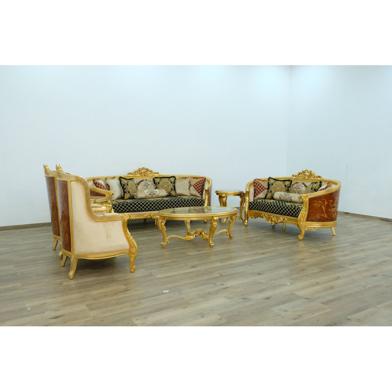3 Piece Luxor Ii Sofa Set Black Gold Fabric, Black/Gold