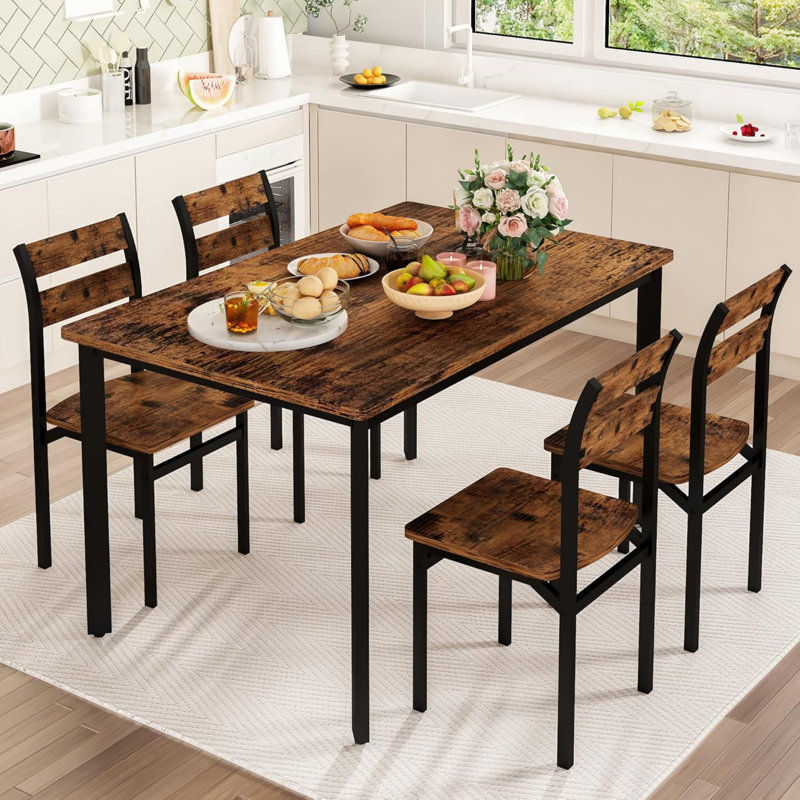 5-Piece Kitchen Table Chairs Set, Dining Table Set For 4, Rectangle Dining Room Table Set With Four Chairs And Wooden Table Top, Dining Table Set With Backrest For Small Spaces, Dining Or Living Room