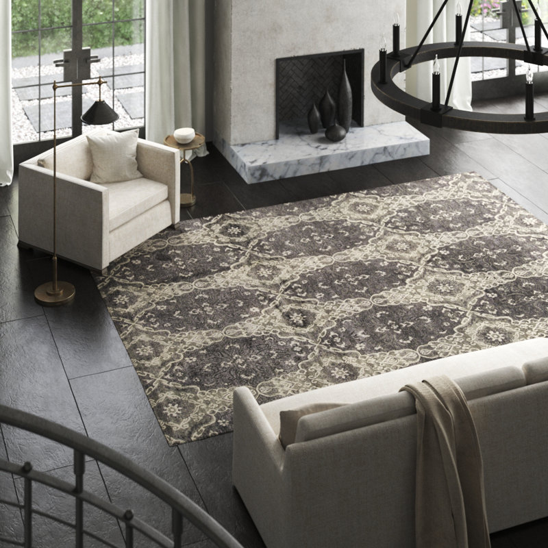 Wool Damask Area Rug in Charcoal/Ivory