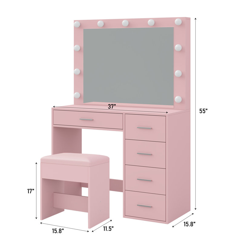 Makeup Vanity With Power Outlet ,Vanity Desk With Mirror And Lights, 3 Lighting Modes,5 Drawers Vanity Table With Chair, Pink