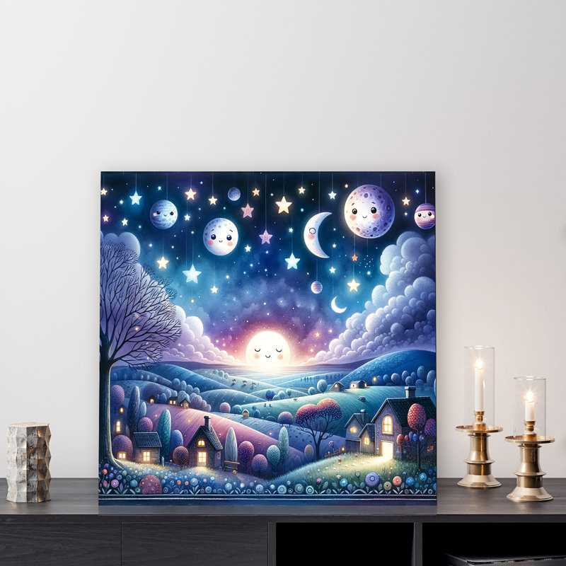 «Celestial Smiles: Whimsical Night Sky», reproduction sur toile, H 20 po x l 20 po