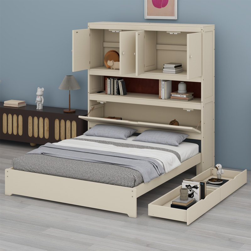 Lit plateforme en bois avec port USB, tête de lit et tiroirs de rangement, Crème, crème
