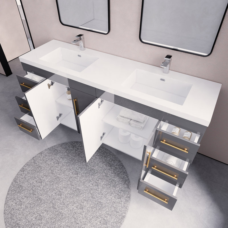 Meuble-lavabo sur pied avec lavabo en acrylique renforcé Verda, Gris