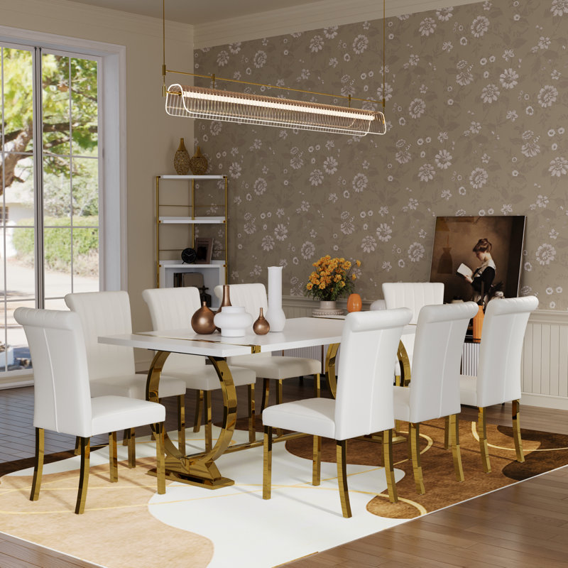 Ensemble de table de salle à manger 9 pièces de luxe blanc et or avec 8 chaises de salle à manger en cuir blanc, Blanc, Doré