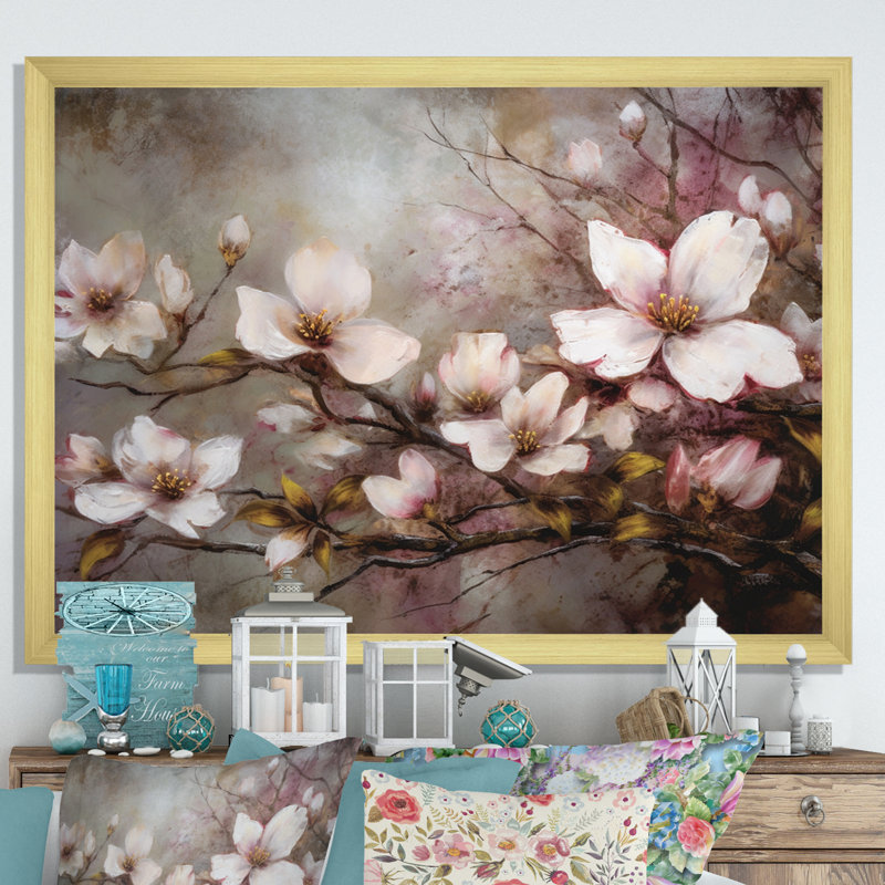 Dogwood rose gris Elegance III Dogwood rose gris Elegance III sur toile, H 30 po x l 40 po x P 1,5 po, Encadrement doré