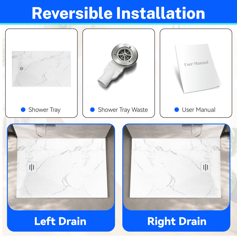 1100 x 800mm SMC Shower Tray, Anti-Slip, Low Profile | Non-Skid Wet Room Base,300kg Load Capacity,Fast Drainage with Waste Outlet,Marble White