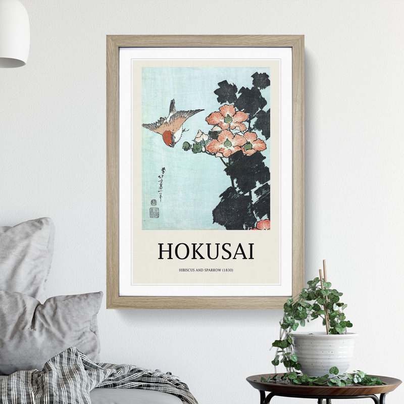 Hibiscus and Sparrow by Katsushika Hokusai - Picture Frame Art Prints, 36cm H x 27cm W x 2cm D, Oak Framed