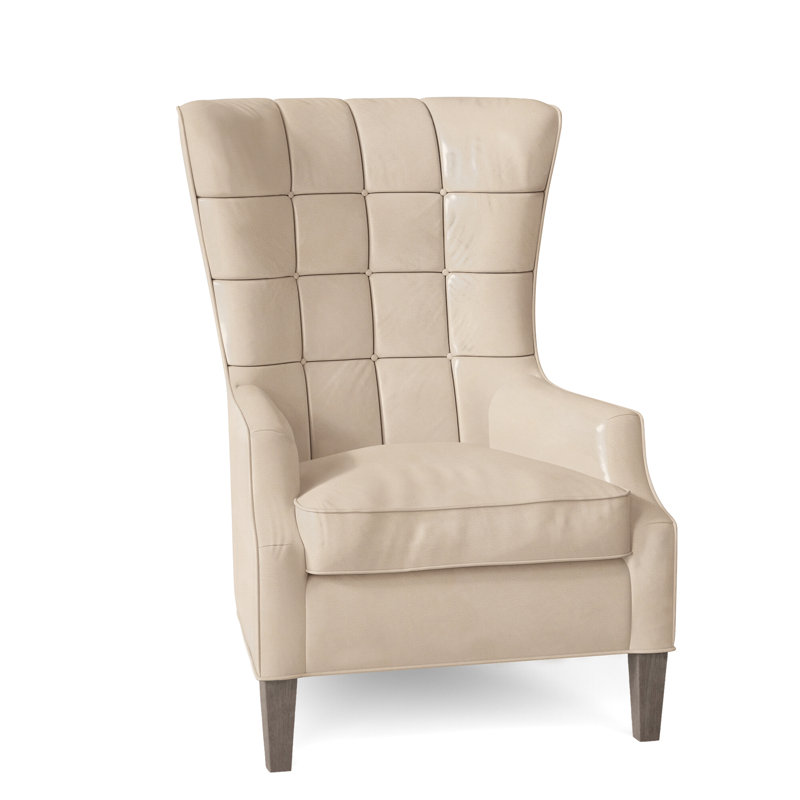 Fauteuil à oreilles Gallin en cuir véritable capitonné de 31 po de largeur, Cuir véritable gris clair délavé Aline, Pierre