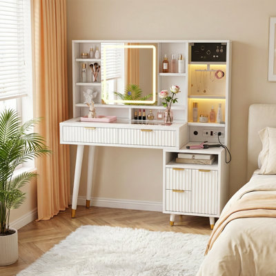Makeup Vanity Desk With Led Lights,Vanity With 53" Fluted Sliding Mirror,Makeup Table With Glass Top,6 Drawers And Rgb Glass Cabinets,Dressing Table With Adjustable Shelves & Power Outlet For Bedroom,White
