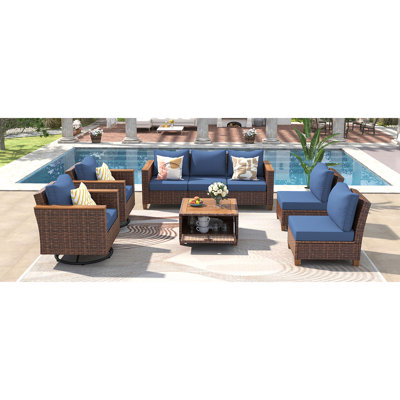 8-Piece Wicker Outdoor Patio Furniture Set with Thick Cushion, Rattan Patio Swivel Rocking Chairs Set of 2 with Acacia Storage Table , Wicker Conversation Set for Outdoor Couch, Backyard
