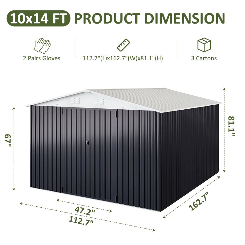 Rangement extérieur pour remise en métal l 10 pi x P 14 pi avec cadre en acier renforcé et portes verrouillables, Blanc