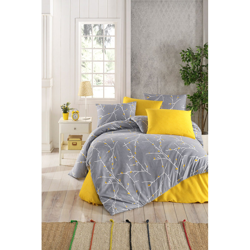 XXL Quilt Cover Set, Grey & Yellow, 61.0 x 86.6 inches | 65% Cotton & 35% Polyester, 120 Thread Count | Machine Washable, Pigment Printing, Button Closure for Duvet & Envelope for Pillowcase | Stylish & Cozy Bedding