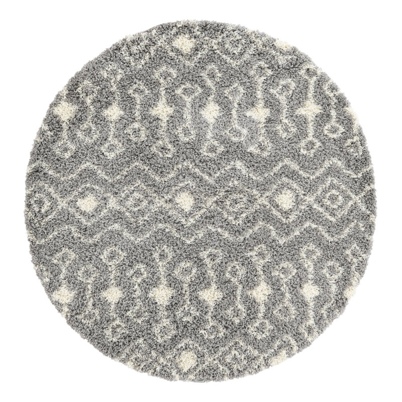 Tapis à poil long gris treillis Griego, Rond 6 pi 1 po