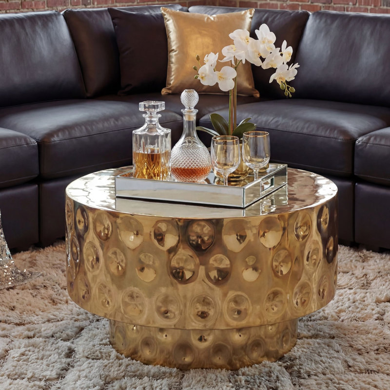 Round Gold Aluminium Drum Coffee Table, Gold, Gold, Gold
