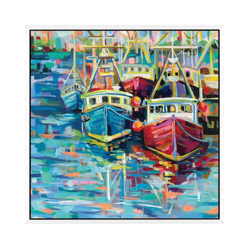 Stonington Docks by Jeanette Vertentes - Painting on Canvas, 93.98cm H x 93.98cm W x 3.81cm D, White Framed