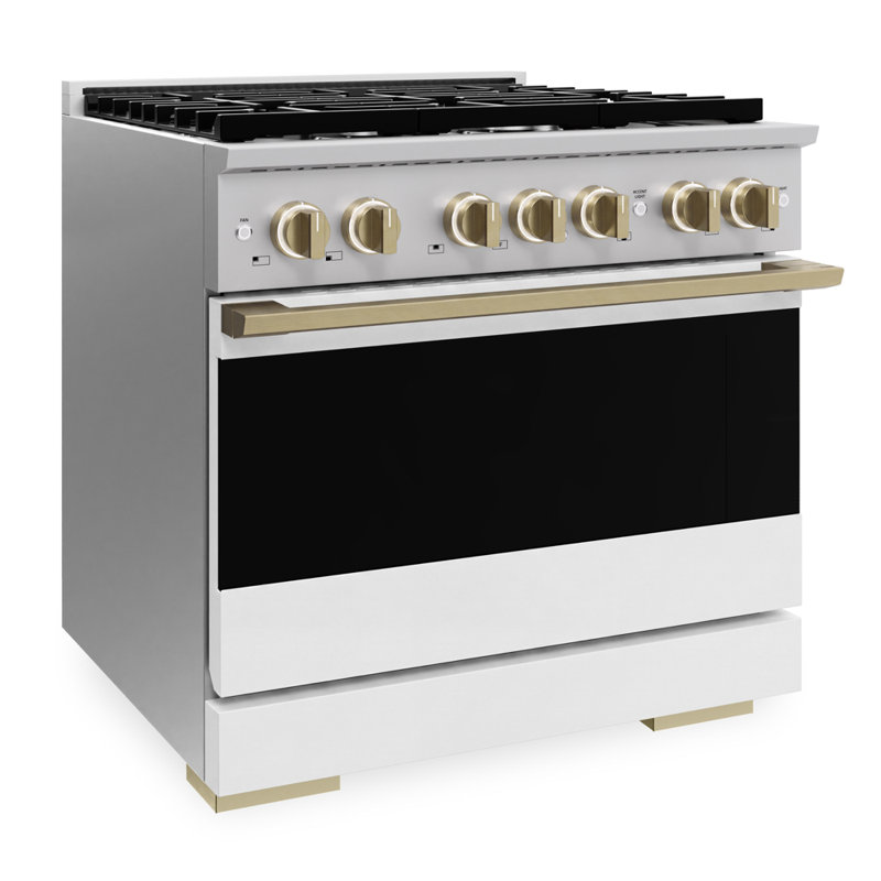 ZLINE Autograph Edition 36 in. Marino Gas Range w/ 6 Gas Burners & Matte Black Accents, White Matte/Champagne Bronze