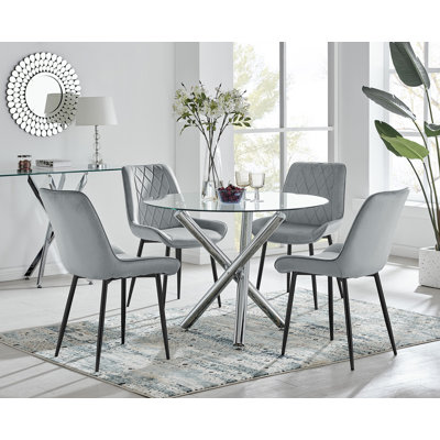 Seline Modern Round Dining Table Set in Glass and Chrome with 4 Luxury Velvet Leather Chairs