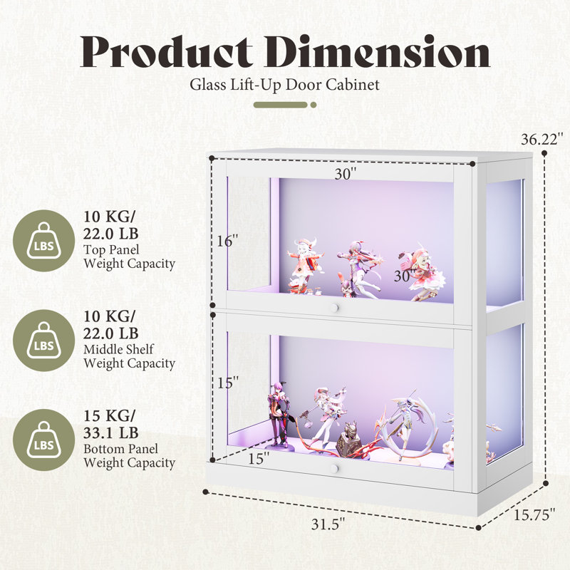 Vitrine 31,5 "large blanche RVB avec 2 portes en verre rabattables, Bois blanc