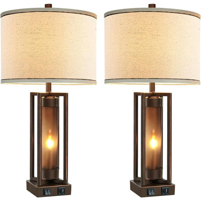 Rustic Table Lamps For Living Room Set Of 2 With USB C+A Ports, Farmhouse Vintage Nightstand Lamp With Amber Night Light, Retro Desk Lamp For Bedroom, 4 Bulbs Included (Brown)