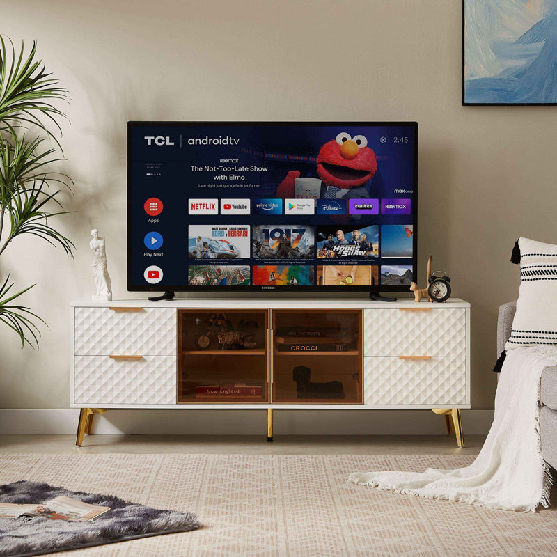Meuble télé 4 tiroirs avec pieds réglables Deluxe, Blanc