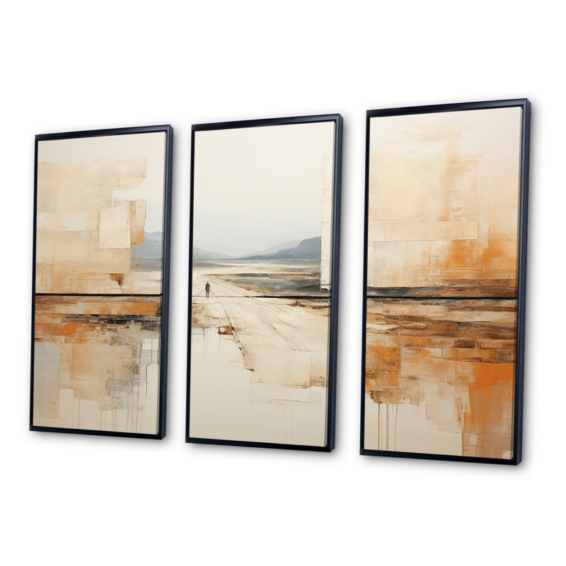 Abstrait beige brun, collage sur route brun I - ensemble abstrait d'art sur toile, Cadre flottant noir
