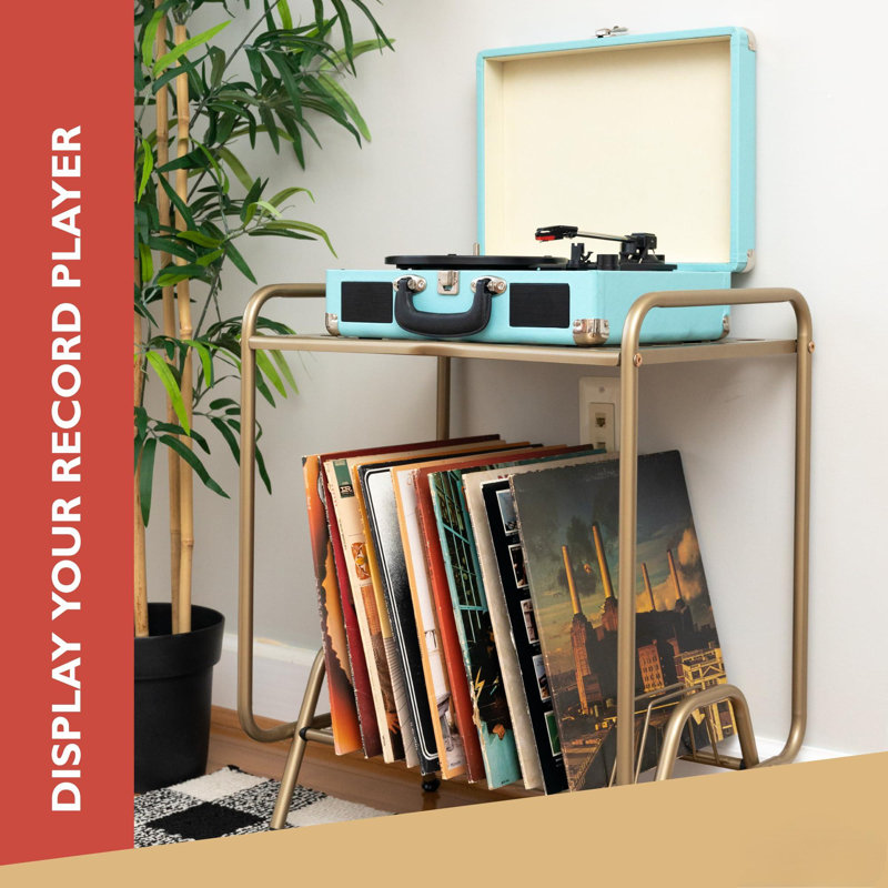 2-Tier Gold Metal Record Player Stand With 16 Slot Vinyl Record Holder - Honeycomb Design Turntable Shelf With Record Shelf, Vinyl Record Player Stand