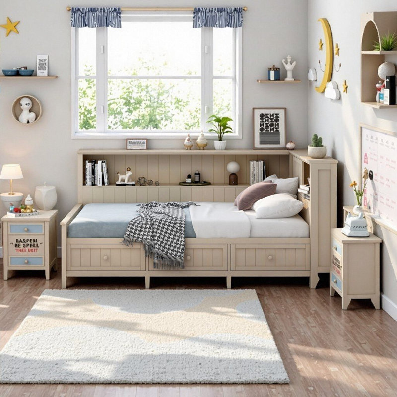 Storage Daybed Farmhouse Style - Full Size Bed Frame with Shelves & Drawers, Antique White, Lit simple