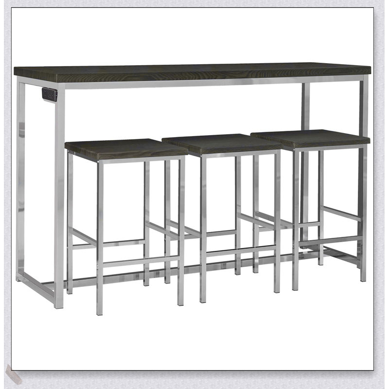 Ensemble de table 4 pièces à hauteur de comptoir en chêne foncé et chrome, parfait pour les cuisines modernes et les salles à manger avec une construction durable et un design élégant.