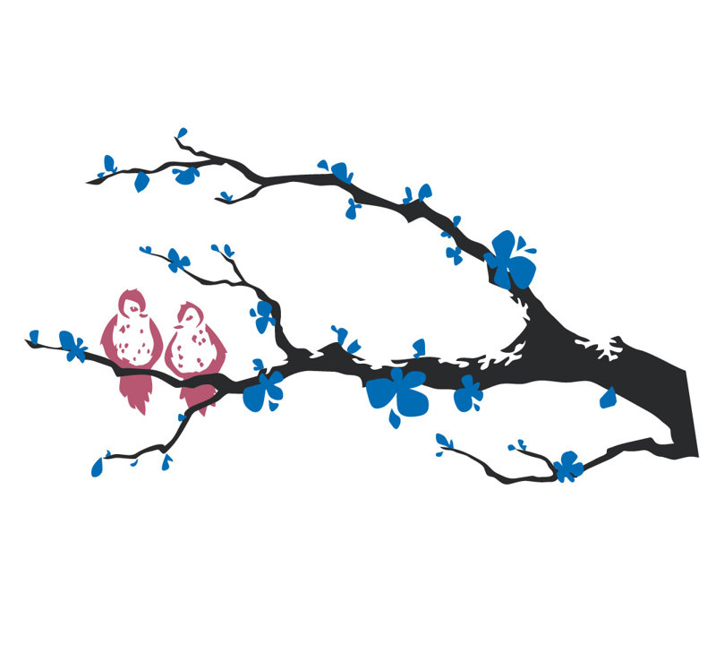 Décalcomanie murale branche arbre love oiseaux, Bleu / Rose / Noir, H 21 po x l 40 po x P 0,01 po
