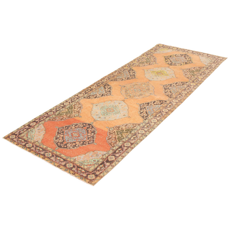 Tapis de couloir unique en laine noué à la main de style années 1990 de 4 pi 9 po x 12 pi 9 po Moumna