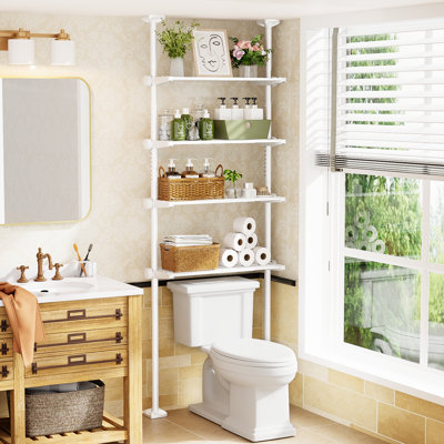 Over The Toilet Storage Shelf, 4-Tier Adjustable Over Toilet Bathroom Organizer,Tension-Mounted Bathroom Storage Rack for Ceilings, No Drill Space-Saving Shelving for Small Rooms,White