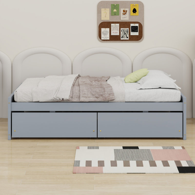 Solid Rubber Wood Bed With Two Built-In Drawers, Grey