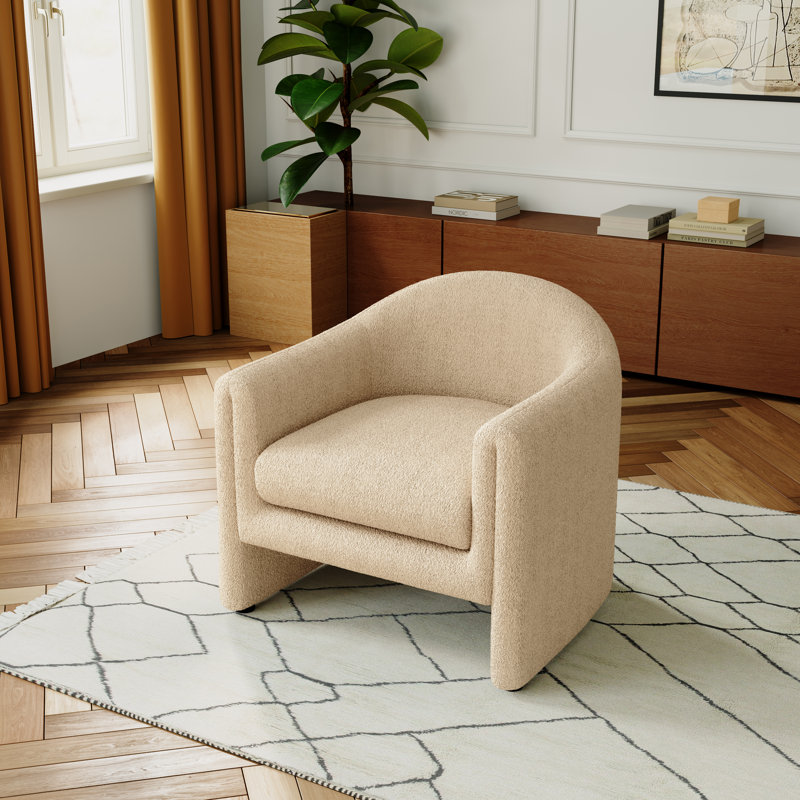 Esly Upholstered Modern Curved Camel Boucle Barrel Accent Chair, Camel Teddy