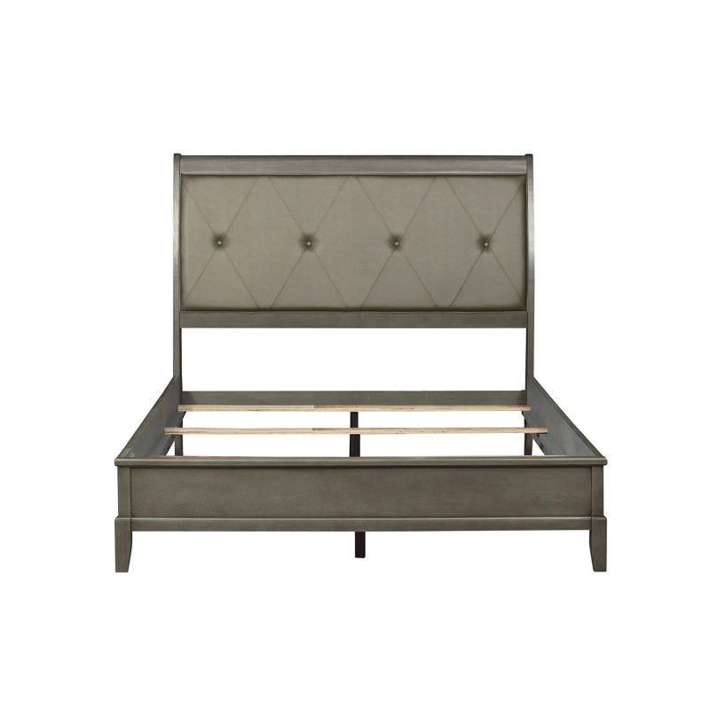 Lit double, gris, similicuir, rembourré, transitionnel, tête de lit à boutons, rails, style transitionnel de chambre à coucher, structure en bois rembourré,