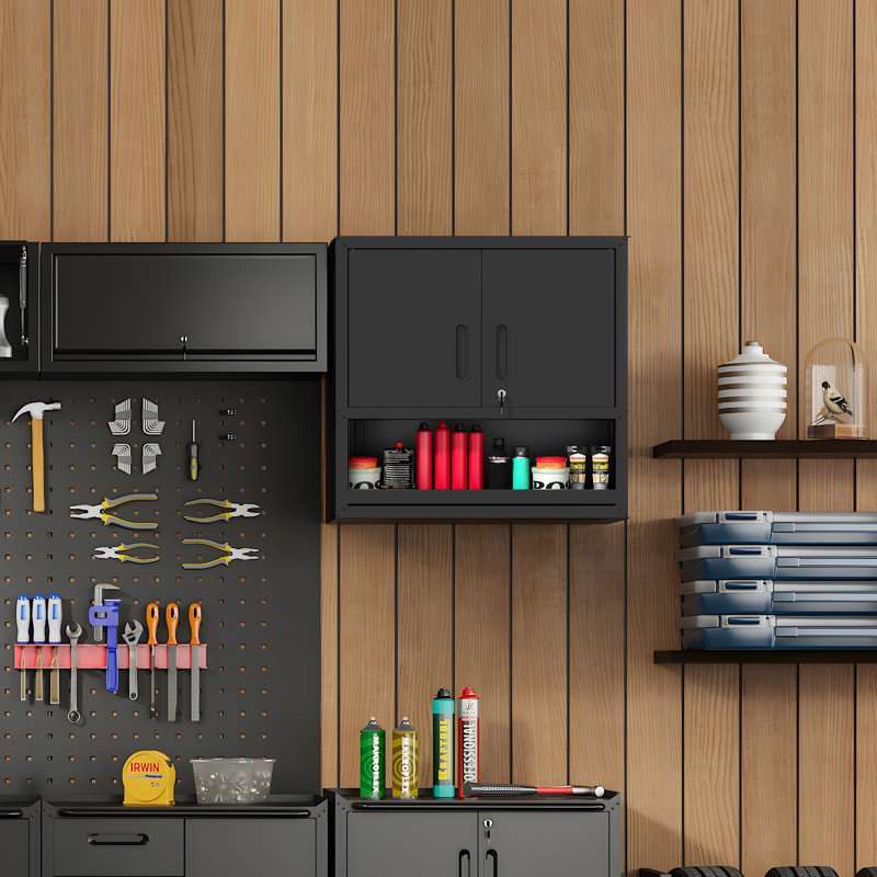 Armoire murale de rangement métallique pour garage de 75 cm de large avec tablette réglable, armoire à outils durable, Noir