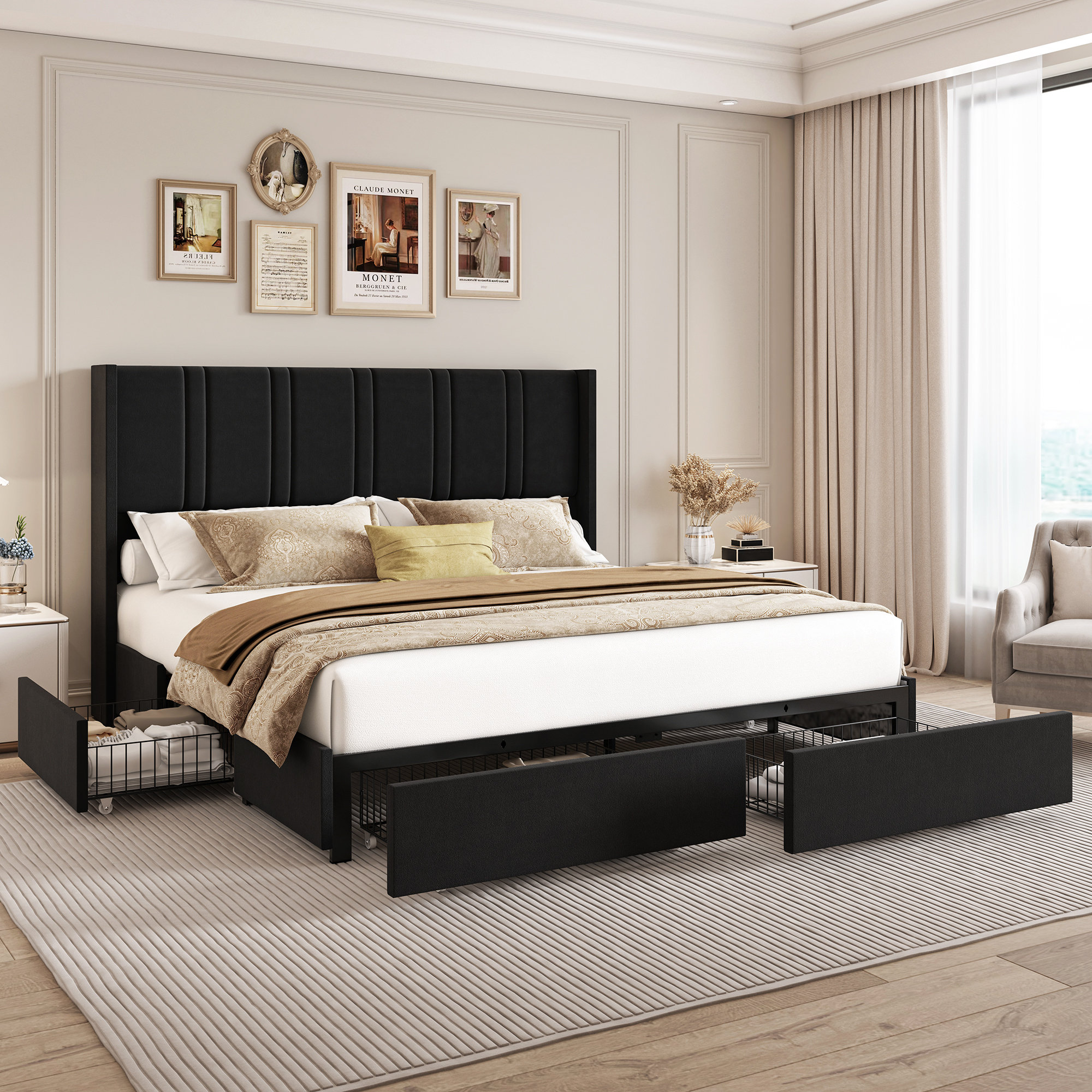 Latitude Run® Upholstered Platform Bed Frame With 4 Storage Drawers And Wingback Headboard, No Box Spring Required, Easy Assembly | Wayfair