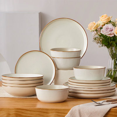 16-Piece Beige Matte & Glossy Two-Finish Dinnerware Set for 4, Modern Contrast Design on Plates & Bowls
