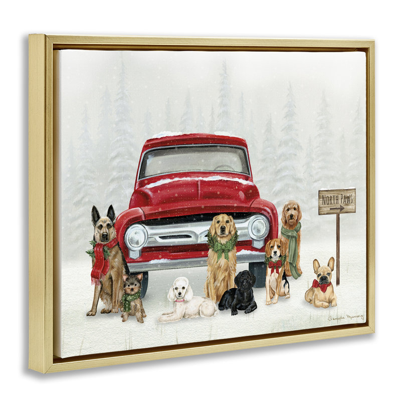 «Royal Pups Holiday Motif Floater», art mural par Danielle Murray, H 25 po x l 31 po, Cadre flottant métallique doré