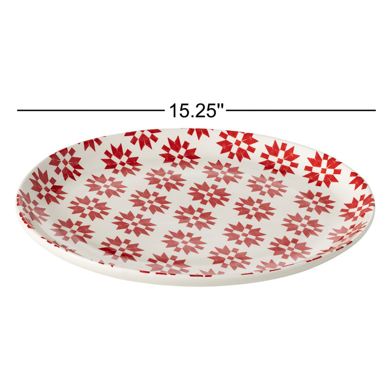 15.25"L Quilt Pattern Ceramic Platter; Red
